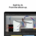 Apple MacBook Pro 16-inch M5 Max laptop with 48GB RAM, 2TB SSD, and Space Black finish, displaying AI software.