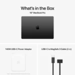 Apple MacBook Pro 16-inch M5 Max laptop with 140W USB-C power adapter and USB-C to MagSafe 3 cable.