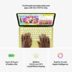 Yellow Apple MacBook Neo 13-inch with A18 Pro chip, hands typing on keyboard, and feature icons for battery, display, and AI.