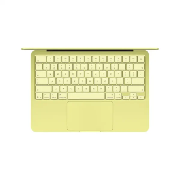 Top view of a yellow Apple MacBook Neo 13-inch laptop with a Citrus finish, featuring a 6-core CPU and 5-core GPU.