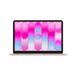 Apple MacBook Neo 13-inch A18 Pro laptop in blush with a vibrant pink and blue wallpaper.