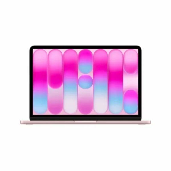 Apple MacBook Neo 13-inch A18 Pro laptop in blush with a vibrant pink and blue wallpaper.