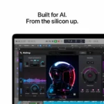 Apple MacBook Pro 14-inch M5 laptop with 32GB RAM and 1TB SSD in Space Black, displaying audio software.