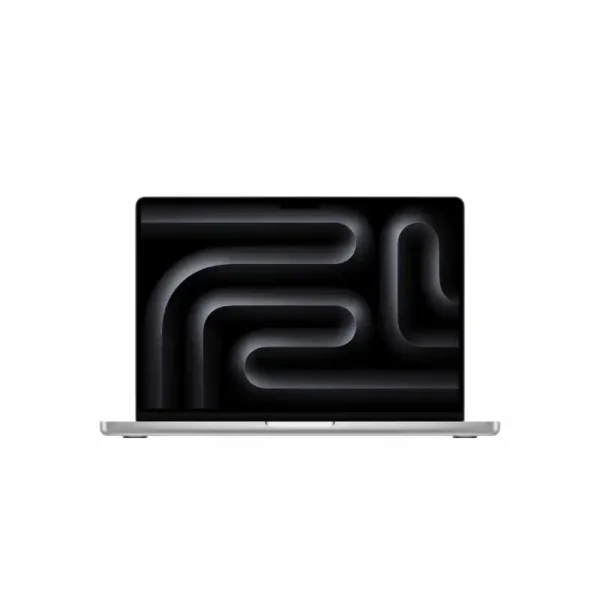 Apple MacBook Pro 14-inch M5 Pro laptop in silver with a dark, abstract wallpaper.