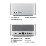 Apple Mac Studio M3 Ultra front and back ports, including USB-C, Thunderbolt 5, SDXC, Ethernet, and HDMI.