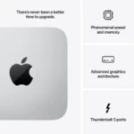 Apple Mac Studio M3 Ultra desktop with Apple logo, showcasing speed, graphics, and Thunderbolt 5 ports.