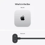 Apple Mac mini M4 desktop and power cord shown in a product box contents image.