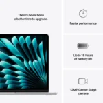 Apple MacBook Air 13-inch M4 in silver, featuring a fast processor, 18-hour battery, and 12MP camera.
