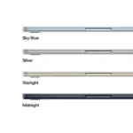 Apple MacBook Air M4 in Starlight, Sky Blue, Silver, and Midnight finishes.