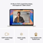 Apple MacBook Air 13-inch M4 in starlight, featuring a Liquid Retina display, 12MP camera, studio-quality mics, and four spea