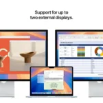 Apple MacBook Air 13-inch M4 in Starlight supports two external displays, showcasing a budget spreadsheet and a design app.