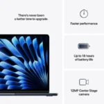Apple MacBook Air 13-inch M4 in Midnight with vibrant blue screen display and feature icons.