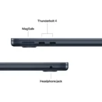 MacBook Air M4 Midnight laptop ports: MagSafe, two Thunderbolt 4, and headphone jack.