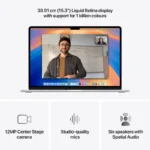 Apple MacBook Air 15-inch M4 laptop in silver, featuring a Liquid Retina display and a 12MP Center Stage camera.