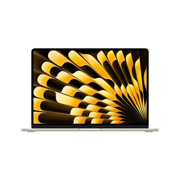Apple MacBook Air 15-inch M4 laptop in Starlight with a vibrant fan-like screen display.
