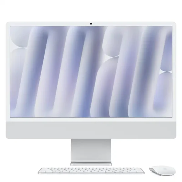 Silver Apple iMac 24-inch M4 with 8-core CPU, 8-core GPU, 16GB RAM, 256GB SSD.