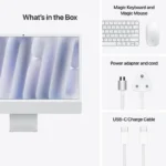 Apple iMac 24-inch M4 (8-core CPU, 8-core GPU) 16GB RAM 256GB SSD Silver with Magic Keyboard, Magic Mouse, power adapter, and