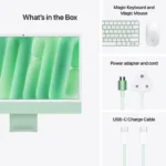 Apple iMac 24-inch M4 in green, with Magic Keyboard, Magic Mouse, power adapter, and USB-C cable.