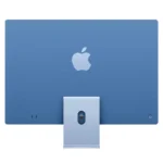 Back of blue Apple iMac 24-inch M4 with Apple logo and stand.