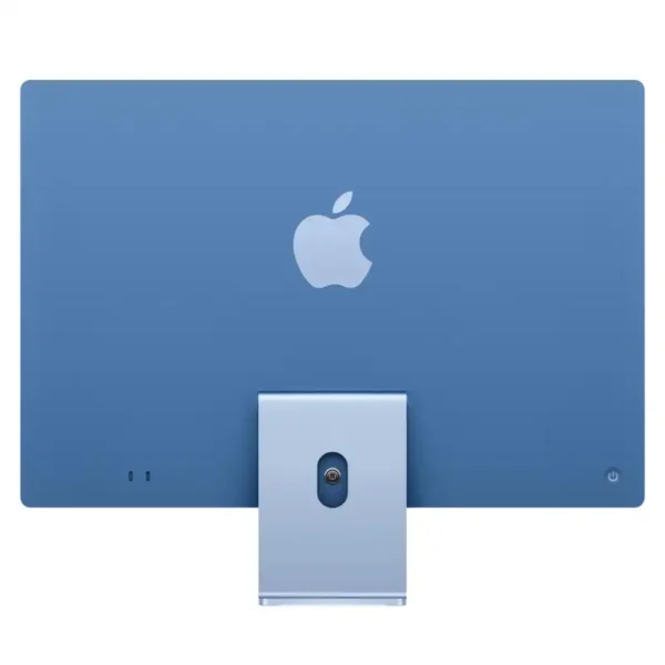 Back of blue Apple iMac 24-inch M4 with Apple logo and stand.