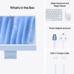 Apple iMac 24-inch M4 in blue, with Magic Keyboard, Magic Mouse, power adapter, and USB-C charge cable.