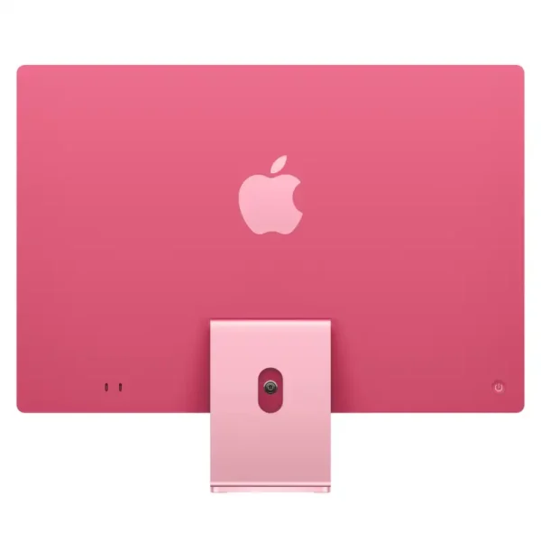 Back of pink Apple iMac 24-inch M4 with Apple logo and stand.