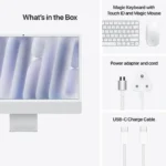 Apple iMac 24-inch M4 with Magic Keyboard, Magic Mouse, power adapter, and USB-C cable.
