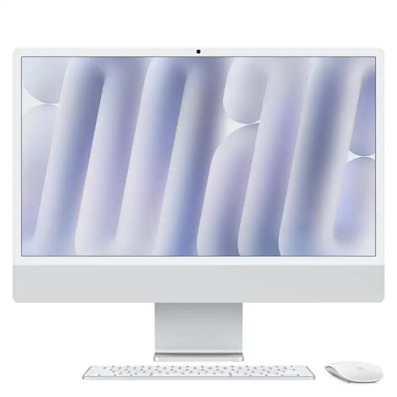Apple iMac 24-inch M4 in silver with 10-core CPU, 10-core GPU, 16GB RAM, 512GB SSD, keyboard, and mouse.