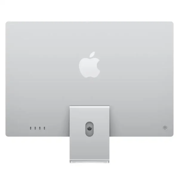 Back of a silver Apple iMac 24-inch M4 with Apple logo and ports.