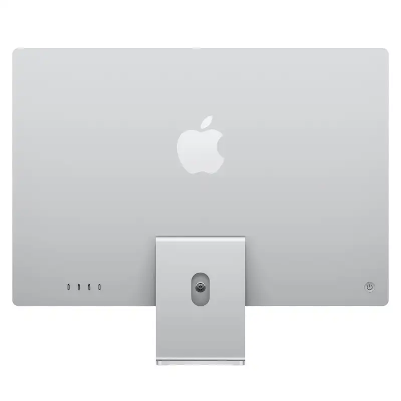Back of a silver Apple iMac 24-inch M4 with Apple logo and ports.