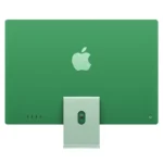 Back of green Apple iMac 24-inch M4 with Apple logo and silver stand.