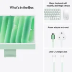 Apple iMac 24-inch M4 in green, with Magic Keyboard, Magic Mouse, power adapter, and USB-C cable.