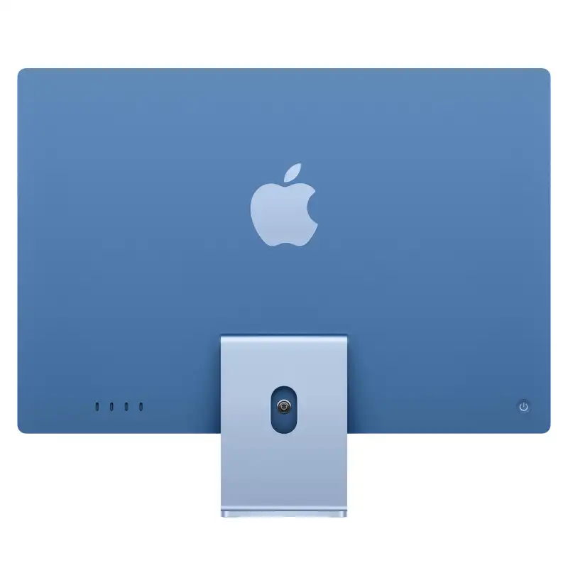 Blue Apple iMac 24-inch M4 with 10-core CPU, 10-core GPU, 16GB RAM, 256GB SSD.