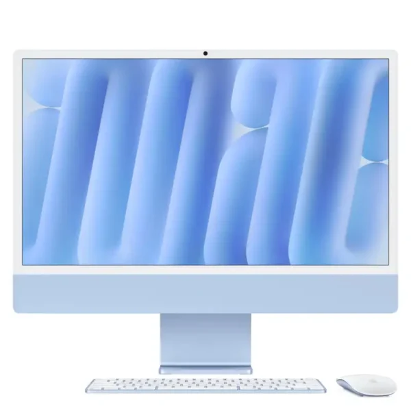 Blue Apple iMac 24-inch M4 with 10-core CPU, 10-core GPU, 16GB RAM, 512GB SSD.