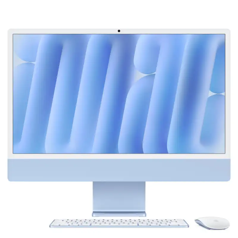 Blue Apple iMac 24-inch M4 with 10-core CPU, 10-core GPU, 16GB RAM, 512GB SSD.