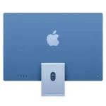 Back view of blue Apple iMac 24-inch M4 with Apple logo and stand.
