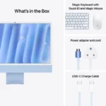 Apple iMac 24-inch M4 in blue with Magic Keyboard, Magic Mouse, and power adapter.