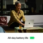 Apple MacBook Pro 14-inch M4 Pro Silver laptop with 12-core CPU, 16-core GPU, 24GB RAM, 512GB SSD, and a woman working on it.
