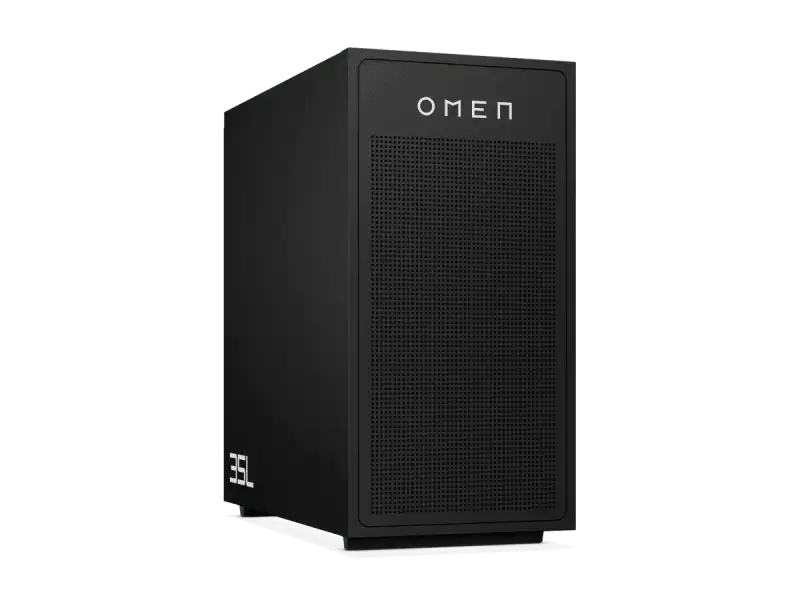 HP OMEN 35L Gaming Desktop GT17-0002in PC with OMEN logo and perforated front panel.
