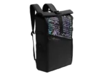 Asus ROG BP4701 17-inch premium gaming backpack in black with a roll-top design and ROG-branded reflective graphic print.