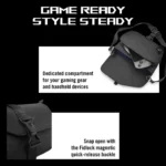 Asus ROG Slash Sling Bag 4.0 in black, featuring a dedicated compartment for gaming gear and a Fidlock magnetic buckle.