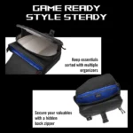 Asus ROG Slash Sling Bag 4.0 in black, featuring multiple organizers and a hidden back zipper for secure storage.