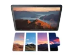 Lenovo Tab M10 5G Abyss Blue tablet displays a scenic mountain view with a progress bar.