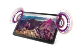 Lenovo Tab M10 5G tablet in Abyss Blue displays a mountain climbing scene with sound waves emanating from the sides.