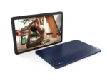 Lenovo Tab M10 5G Abyss Blue tablet displaying a yoga pose on its 2K screen.