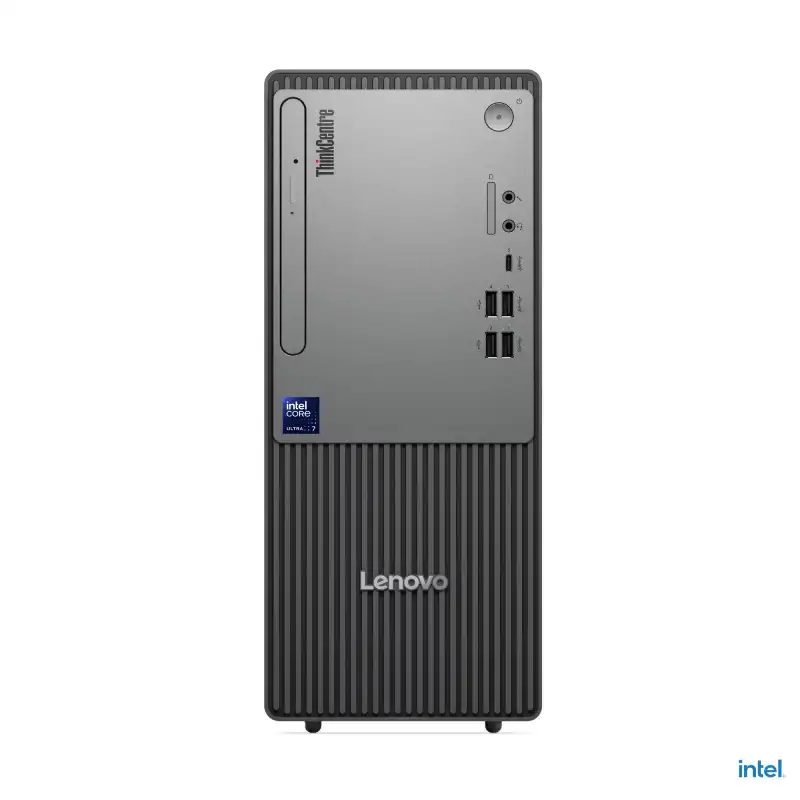 Lenovo ThinkCentre neo 50t Gen 6 tower desktop with Intel Core Ultra 3 processor and Intel Graphics.
