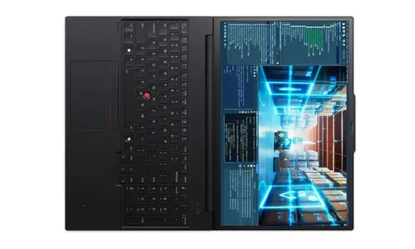 Lenovo ThinkPad P16v Gen 3 laptop with dual screens, Intel Core Ultra 9, 64GB RAM, 1TB SSD, RTX 2000 graphics.