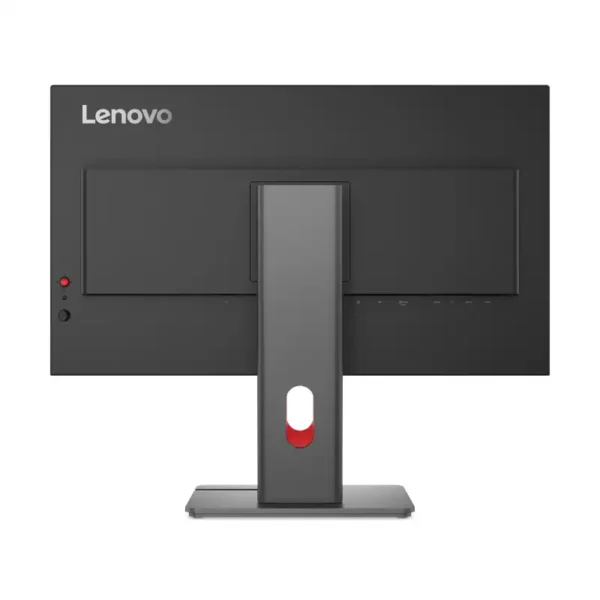 Lenovo ThinkVision P27QD-40 monitor rear view with stand and ports.