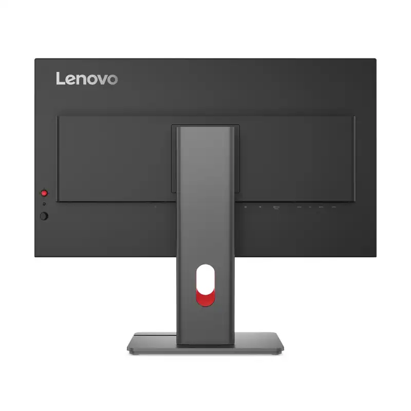 Lenovo ThinkVision P27QD-40 monitor rear view with stand and ports.