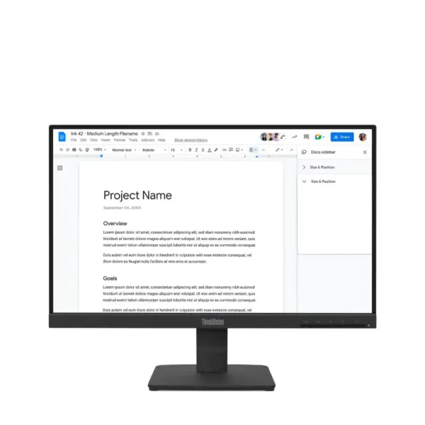 Lenovo ThinkVision S22-4e 21.5-inch FHD IPS monitor displaying a project document on screen.